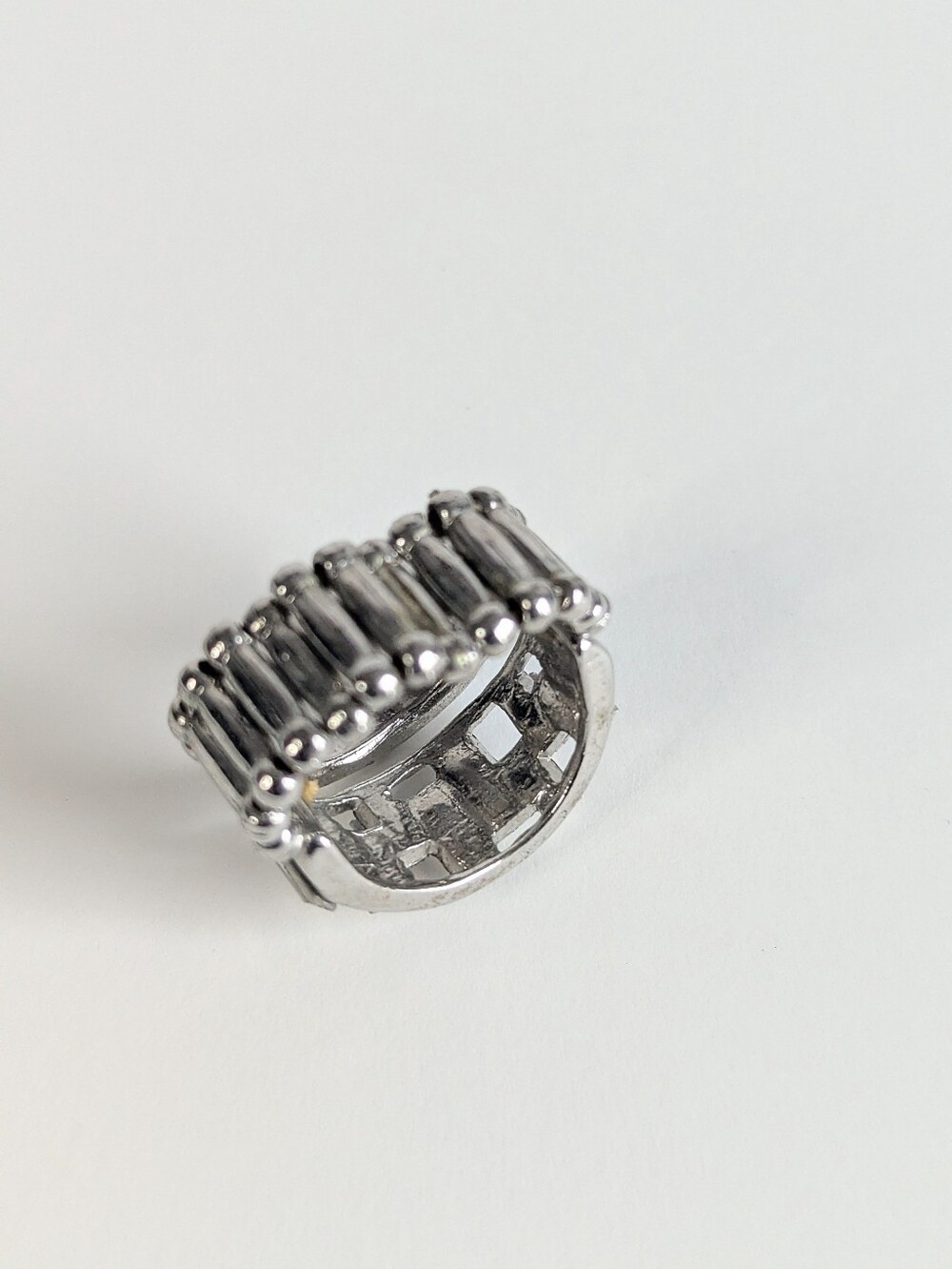 Vintage Silver Rhinestone Stretch Ring Lot Crystal Baguette Statement Pack 3pc - Picture 4 of 14